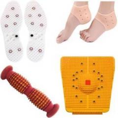 Deltakart DK25 Acupressure Massager Tools Combo Kit with Bio Magnetic Power Foot Mat + Bio Magnetic Shoe Sole + Silicone Gel Anti Crack Heel Pad Socks 1 Pair + Foot roller cut V Wooden for Stress and Pain Relief Massager