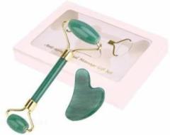 Kolorfish Facial Massage Roller with Gua sha Board Double Heads Jade Stone Face Lift Body Skin Relaxation Slimming Beauty Neck Thin Lift Tools Anti Wrinkle Face Body Head Foot Healthy Massager MDA Green with GuaSha Massager