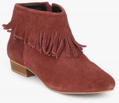 Inara Maroon Fringes Ankle Length Boots women
