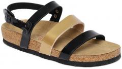 Ruosh Black & Gold Toned Leather Comfort Sandals women