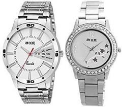 Axe Style Analog Unisex Watch White Dial SIlver Colored Strap Pack of 2