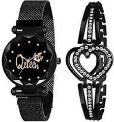 CERO Black Magnet Strap Analogue Women's and Girls Watch Sweet Heart Black Bracelet Combo for Girl's & Women's Watch Set of 2