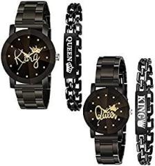 CERO Pack of 4 King Queen Analogue Watch and Bracelet Combo for Couple Watches