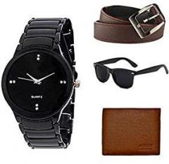 Combo Pack of Black Analogue Stainless Steel Watch with Black Sunglass, Brown Wallet and Brown Belt for Men Z46