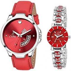 Cubia Fashion Analogue Unisex Watch Red Dial Red Colored Strap Pack of 2