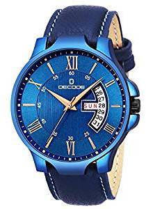 Decode 877 Blue Exquisite Collection Day & Date Leather Strap Wrist Watch for Men