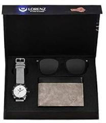 Gift Box Combo of Men's Grey Dial Analog Watch, Grey Wallet & Black Wayfarer Sunglasses, CM 3034SN1 WL 25