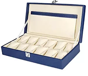 Hard Craft Watch Box Case PU Leather for 12 Watch Slots Blue