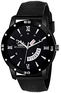 Mesh Strap Day and Date Functioning All Black Quartz Wrist Watch for Men with Brass Dial