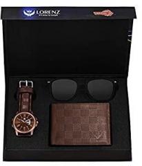 LORENZ Men's Brown Dial Analog Watch, Brown Wallet and Wayfarer Sunglasses Combo Box CM 2070SN1 WL32