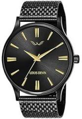 LOUIS DEVIN LD BK047 GLDBLK Black Dial and Band Stainless Steel Metal Chain Analog Wrist Watch for Men