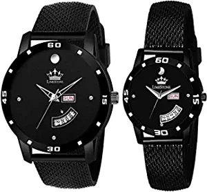 Montvitton Mesh Strap Analog Day and Date Functioning Unisex Wrist Watch for Couple