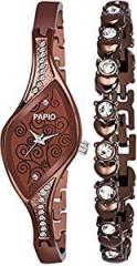 PAPIO Analogue Women's Watch with Bracelet Brown Dial Brown Colored Strap Pack of Two
