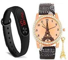 pass pass Analog Paris Eiffel Tower and Digital LED Unisex Watch Combo Black