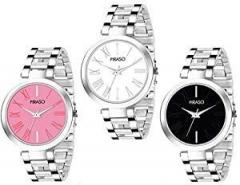 PIRASO Luxury Analogue Girl's Watch Pink, Black & White Dial Silver Colored Strap