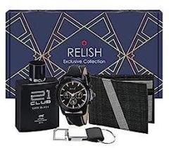 Relish Gift Combo Box of Men's Black Analog Leather Strap Watch, Texture Wallet, Long Lasting Perfume and Metal Hook Keychain