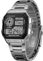 Shocknshop Digital Sports Square Black Dial Stainless Steel Strap Unisex Watch Black Dial & Silver Colored Strap WCH53