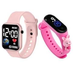 Stylish Waterproof Kids Digital Date and Time Touch Black Pink Square Rectangular LED Display Watch for Kids Unisex Digital Watch for Baby Boys & Girls Kids | Pack of 2