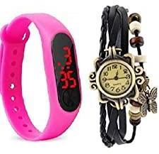 Timest M3 Pink Unisex Digital Band and Black Butterfly Dori Watch Combo of 2