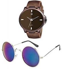 Younky Combo Analogue Dial Watches for Men's & Boy's with Aviator Sunglasses for Men's & Women's CM221|181 Brown Strap Watch Blue Sunglass
