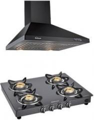 Sunflame Classic 4 Burner BK Gas Stove and Venza BK 60 SS BF Combo Wall Mounted Chimney
