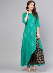 aasi Women Green & Black Printed Kurta with Skirt