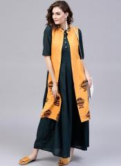 Aks Yellow & Brown Printed Longline Open Front Ethnic Jacket women