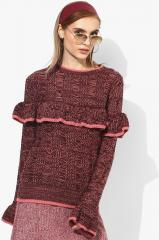 All About You Burgundy Self Design Ruffled Pullover women