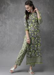 Anouk Grey & Green Printed Kurta With Trousers women