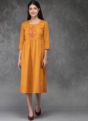 Anouk Mustard Yellow Embroidered A Line Dress women