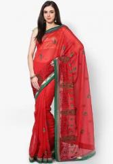 Avishi Red Solid Cotton Blend Saree women