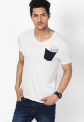 Being Human Clothing Solid Off White V Neck T Shirt men