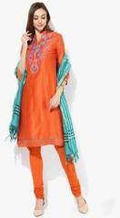 Biba Orange Embroidered Cotton Silk Churidar Kameez Dupatta women