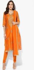 Biba Orange Embroidered Poly Cotton Churidar Kameez Dupatta women