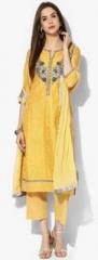 Biba Yellow Solid Cotton Silk Salwar Kameez Dupatta women