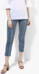 De Moza Women Blue Skinny Fit Striped Regular Trousers