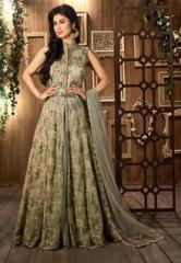 Desi Look olive georgette embroidered dress material with dupatta