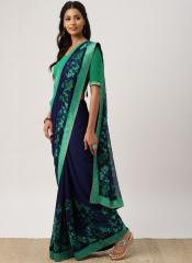 Drape Stories Navy Blue & Green Poly Georgette Printed Saree women