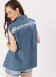 Dressberry Blue Printed Open Front Chambray Shrug women