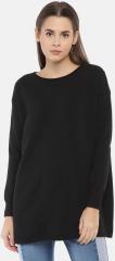 Ether Black Self Design Longline Sweater women