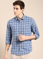 Ether Blue & White Regular Fit Checked Casual Shirt men