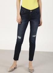 Ether Navy Blue & Black Regular Fit Mid Rise Low Distress Cropped Jeans women