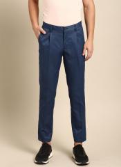 Ether Navy Blue Slim Fit Solid Cropped Regular Trousers men