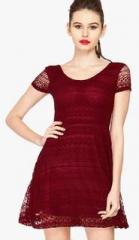 Faballey Red Colored Embroidered Skater Dress women