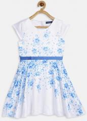 Fame Forever By Lifestyle White & Blue Printed Fit and Flare Dress girls