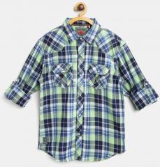 Gini And Jony Navy Blue & Green Regular Fit Checked Casual Shirt boys