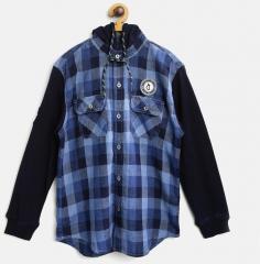 Gini And Jony Navy Blue Regular Fit Checked Hooded Casual Shirt boys