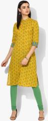 Global Desi Mustard Yellow & Green Printed Straight Kurta women