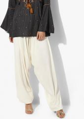 Global Desi Off White Solid Regular Fit Drop Crotch Trousers women