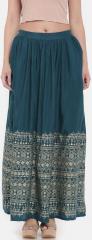 Global Desi Teal Blue Printed A Line Maxi Skirt women
